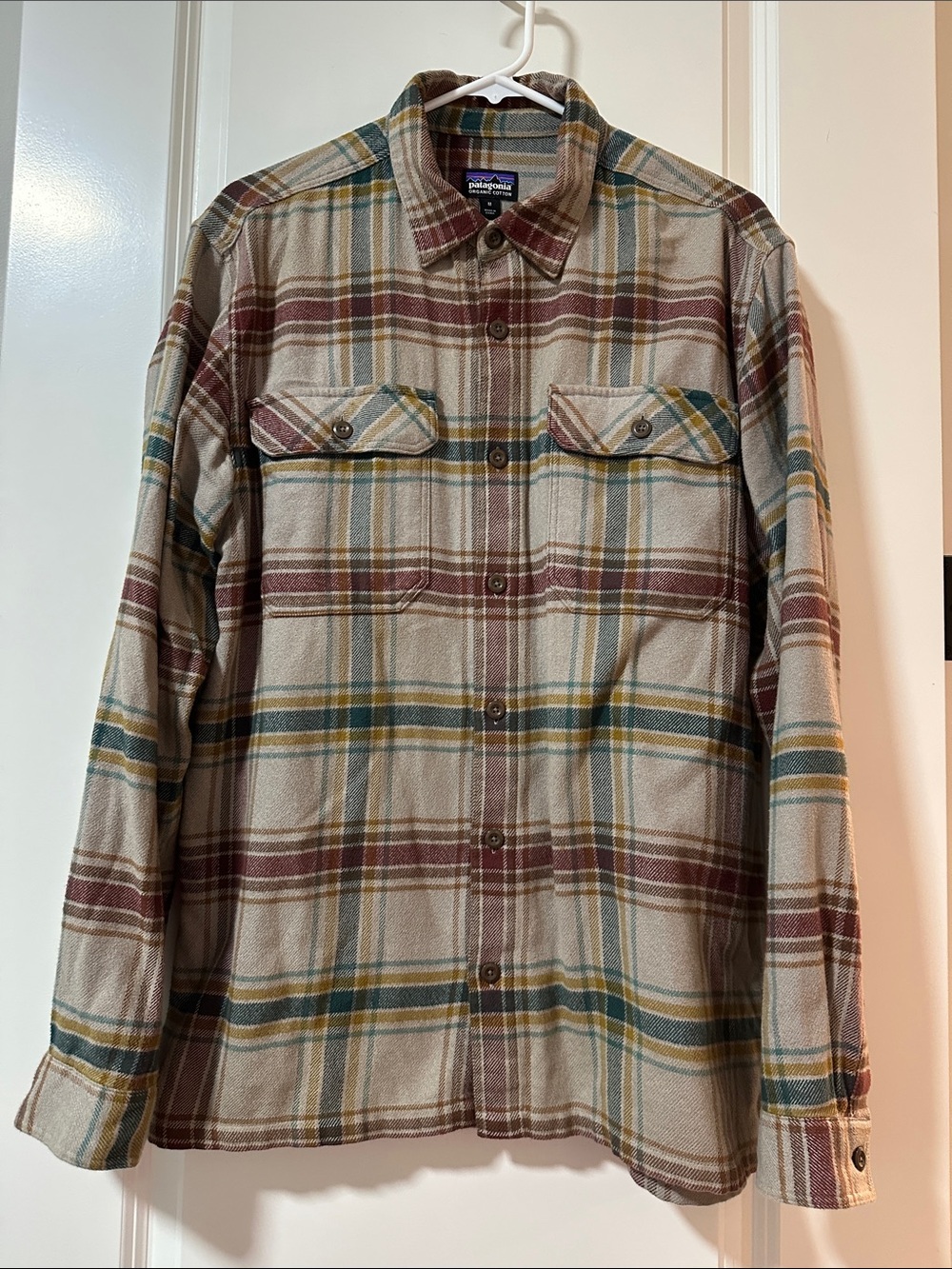 Patagonia Plaid Button-Front Flannel Shirt Jacket in Beige, Burgundy & Teal
